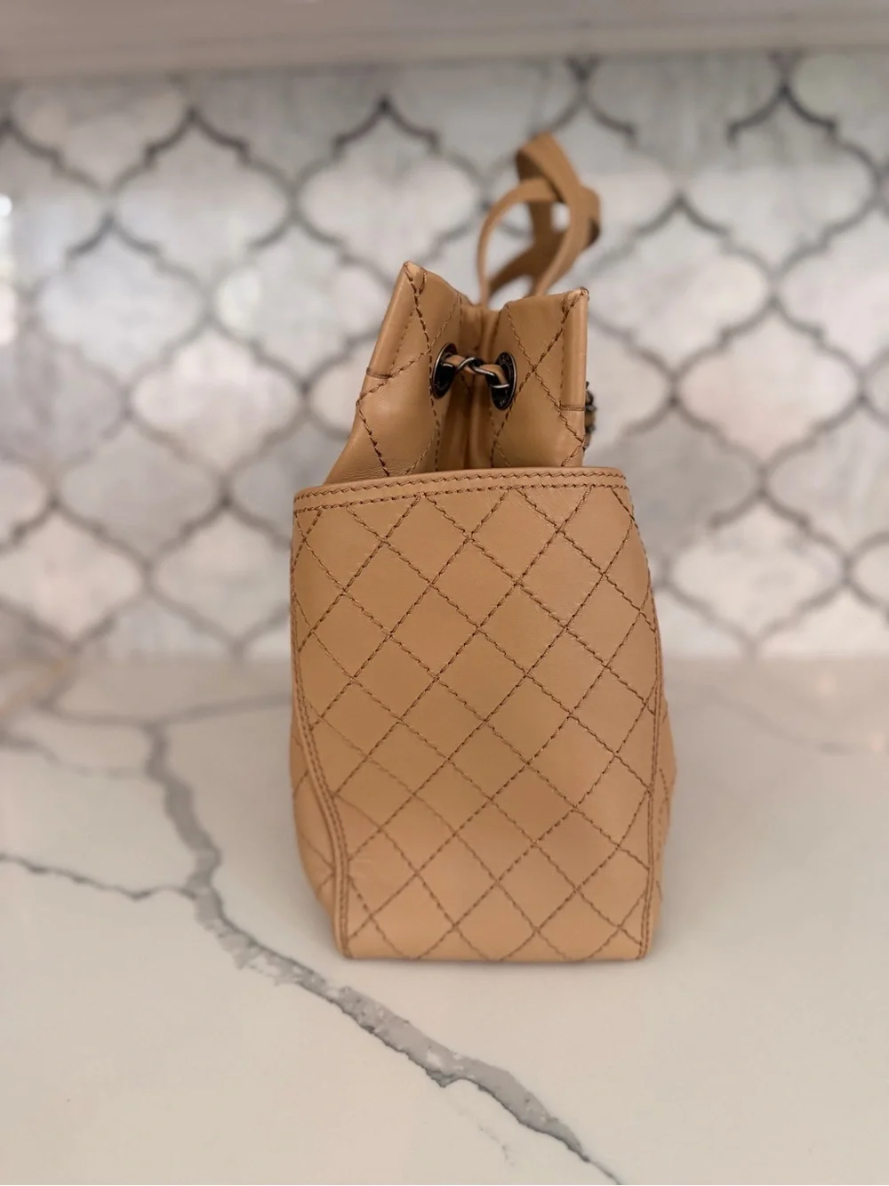 CHANEL Beige Quilted Leather Tote with Chain-Trim CC Charm